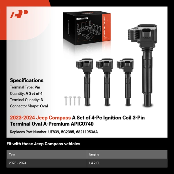2023-2024 Jeep Compass A Set of 4-Pc Ignition Coil 3-Pin Terminal Oval A-Premium APIC0740