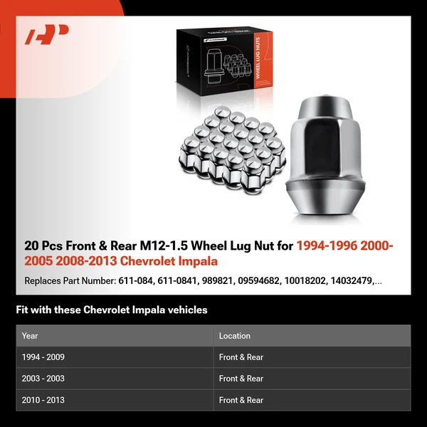 20 Pcs Front & Rear M12-1.5 Wheel Lug Nut for 1994-1996 2000-2005 2008-2013 Chevrolet Impala