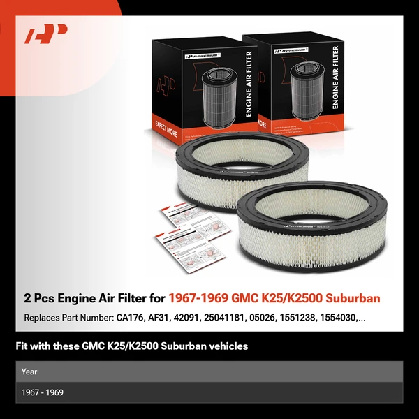 2 Pcs Engine Air Filter for 1967-1969 GMC K25/K2500 Suburban