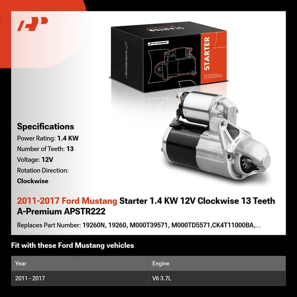 2011-2017 Ford Mustang Starter 1.4 KW 12V Clockwise 13 Teeth A-Premium APSTR222