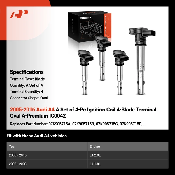 2005-2016 Audi A4 A Set of 4-Pc Ignition Coil 4-Blade Terminal Oval A-Premium IC0042