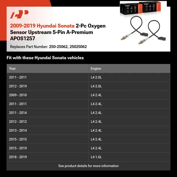 2009-2019 Hyundai Sonata 2-Pc Oxygen Sensor Upstream 5-Pin A-Premium APOS1257