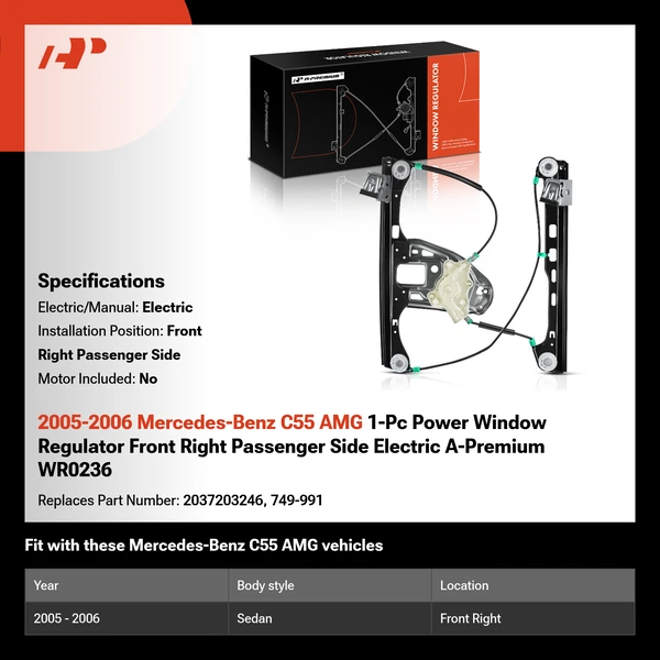 2005-2006 Mercedes-Benz C55 AMG 1-Pc Power Window Regulator Front Right Passenger Side Electric A-Premium WR0236