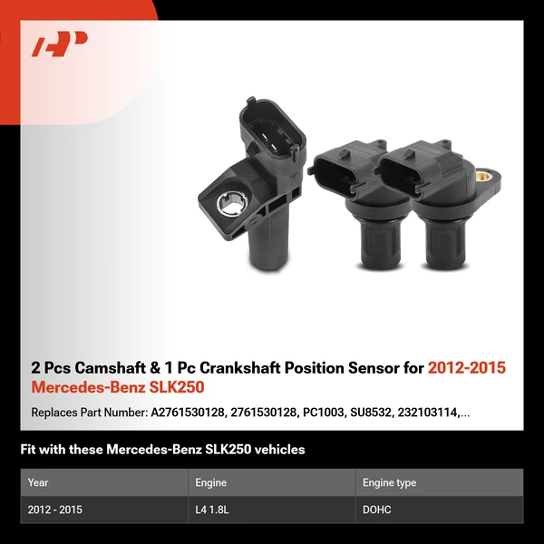 2 Pcs Camshaft & 1 Pc Crankshaft Position Sensor for 2012-2015 Mercedes-Benz SLK250