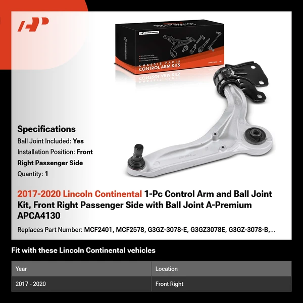 2017-2020 Lincoln Continental 1-Pc Control Arm and Ball Joint Kit, Front Right Passenger Side with Ball Joint A-Premium APCA4130