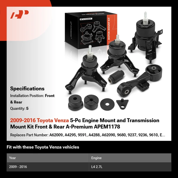 2009-2016 Toyota Venza 5-Pc Engine Mount and Transmission Mount Kit Front & Rear A-Premium APEM1178