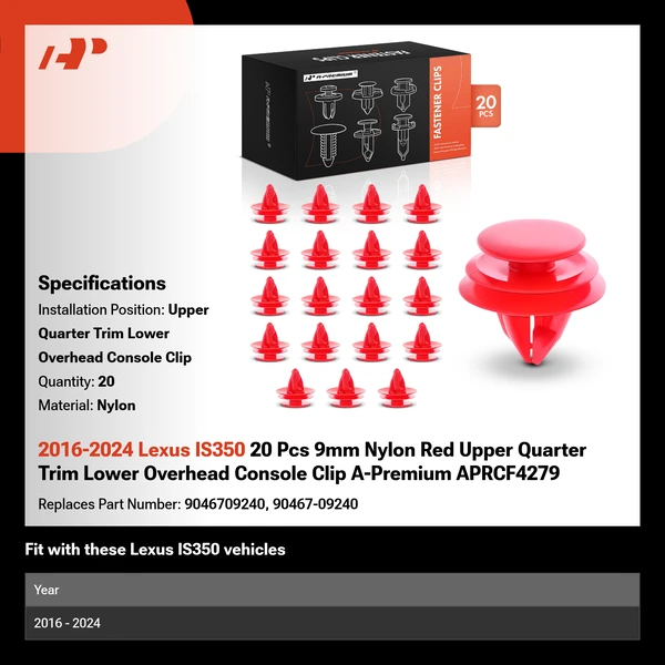 2016-2024 Lexus IS350 20 Pcs 9mm Nylon Red Upper Quarter Trim Lower Overhead Console Clip A-Premium APRCF4279
