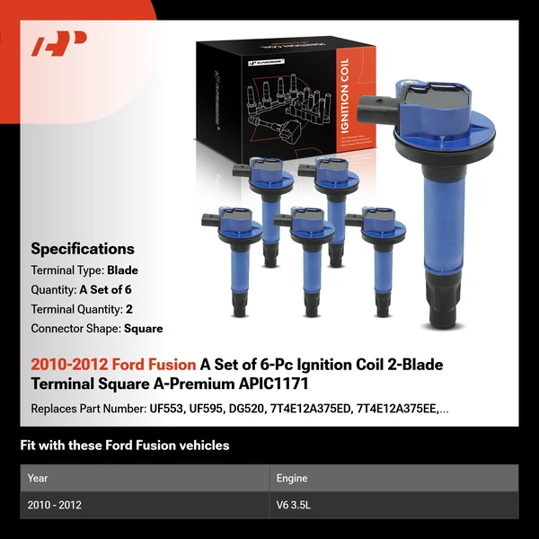 2010-2012 Ford Fusion A Set of 6-Pc Ignition Coil 2-Blade Terminal Square A-Premium APIC1171