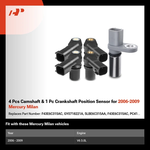 4 Pcs Camshaft & 1 Pc Crankshaft Position Sensor for 2006-2009 Mercury Milan