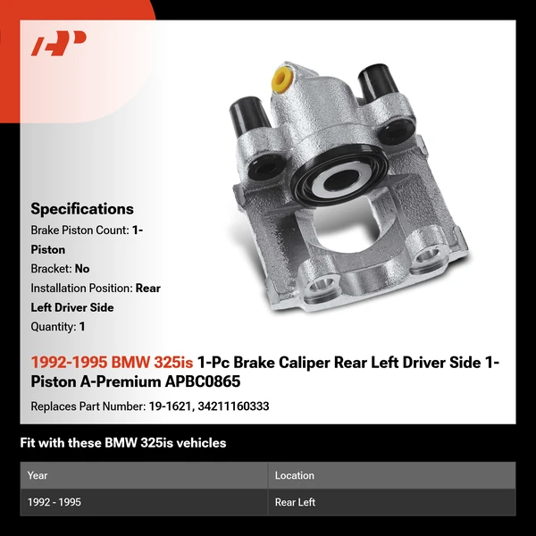1992-1995 BMW 325is 1-Pc Brake Caliper Rear Left Driver Side 1-Piston A-Premium APBC0865