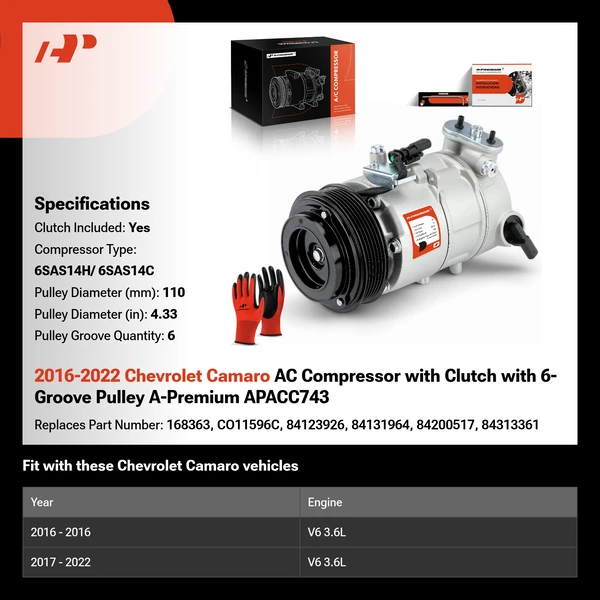 2016-2022 Chevrolet Camaro AC Compressor with Clutch with 6-Groove Pulley A-Premium APACC743