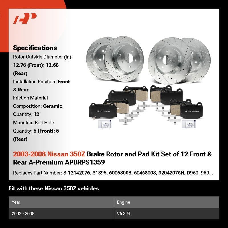 2003-2008 Nissan 350Z Brake Rotor and Pad Kit Set of 12 Front & Rear A ...