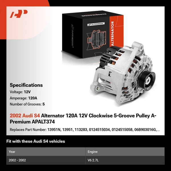 2002 Audi S4 Alternator 120A 12V Clockwise 5-Groove Pulley A-Premium APALT374