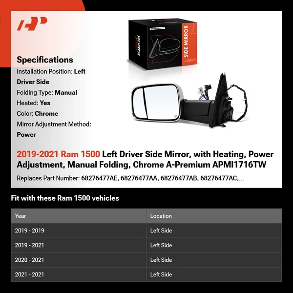 2019-2021 Ram 1500 Left Driver Side Mirror, with Heating, Power Adjustment, Manual Folding, Chrome A-Premium APMI1716TW