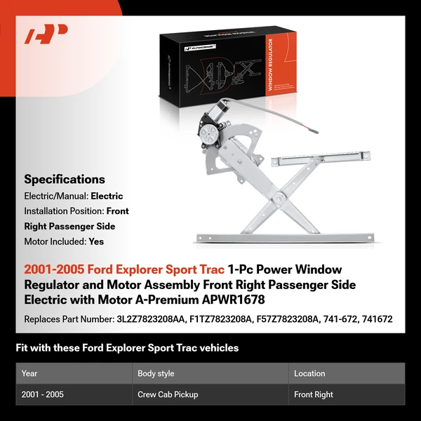 2001-2005 Ford Explorer Sport Trac 1-Pc Power Window Regulator and Motor Assembly Front Right Passenger Side Electric with Motor A-Premium APWR1678