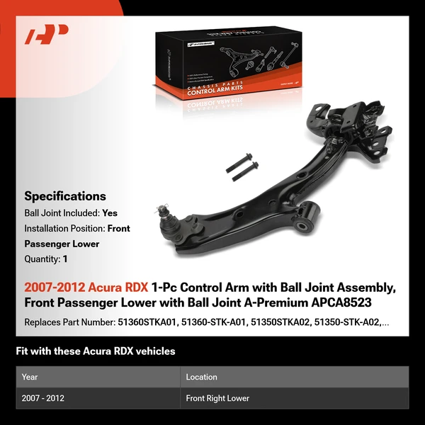 2007-2012 Acura RDX 1-Pc Control Arm with Ball Joint Assembly, Front Passenger Lower with Ball Joint A-Premium APCA8523