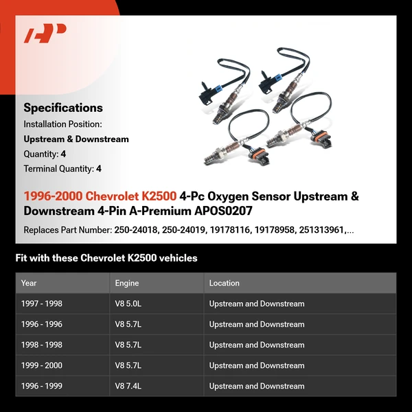 1996-2000 Chevrolet K2500 4-Pc Oxygen Sensor Upstream & Downstream 4-Pin A-Premium APOS0207