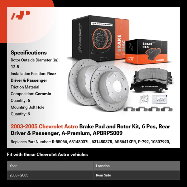 2003-2005 Chevrolet Astro Brake Pad and Rotor Kit, 6 Pcs, Rear Driver & Passenger, A-Premium, APBRPS009