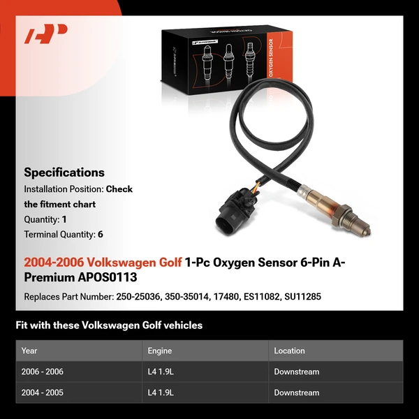 2004-2006 Volkswagen Golf 1-Pc Oxygen Sensor 6-Pin A-Premium APOS0113