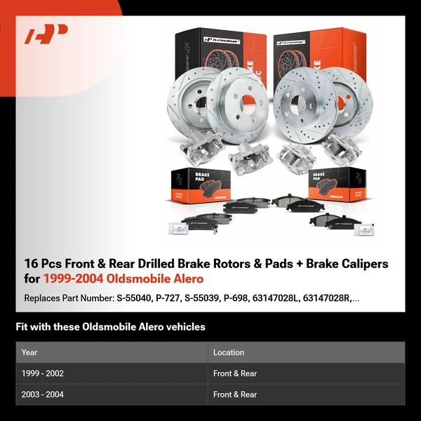 16 Pcs Front & Rear Drilled Brake Rotors & Pads + Brake Calipers for 1999-2004 Oldsmobile Alero
