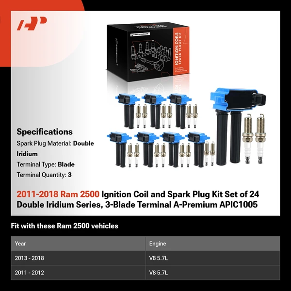2011-2018 Ram 2500 Ignition Coil and Spark Plug Kit Set of 24 Double Iridium Series, 3-Blade Terminal A-Premium APIC1005