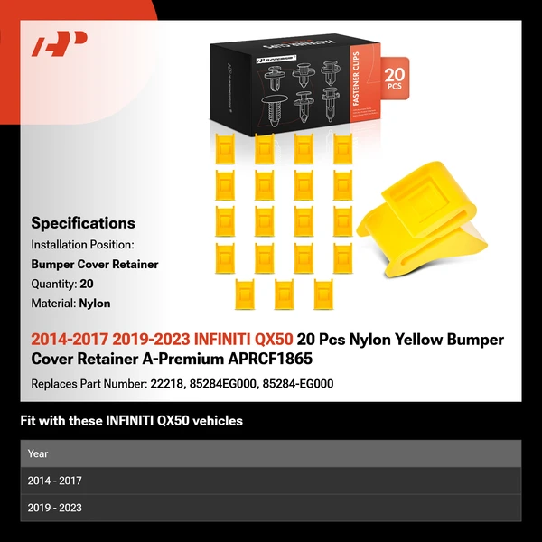 2014-2017 2019-2023 INFINITI QX50 20 Pcs Nylon Yellow Bumper Cover Retainer A-Premium APRCF1865