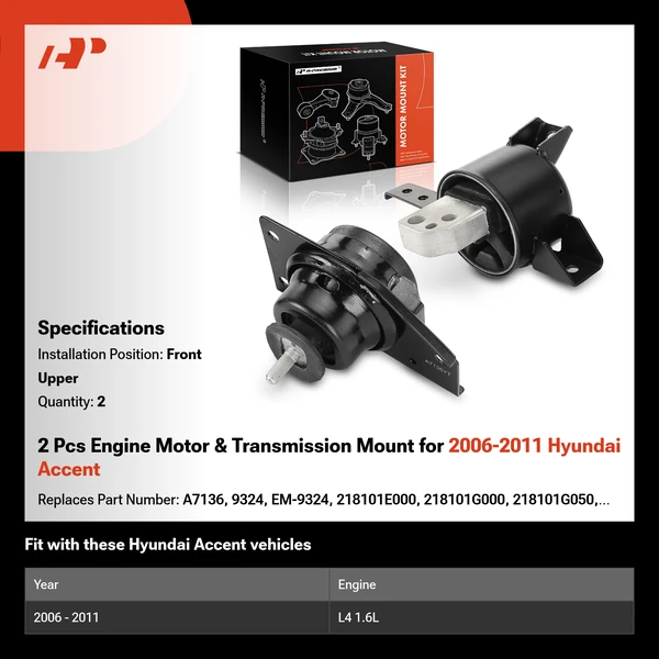 2 Pcs Engine Motor & Transmission Mount for 2006-2011 Hyundai Accent