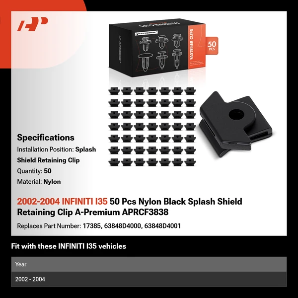 2002-2004 INFINITI I35 50 Pcs Nylon Black Splash Shield Retaining Clip A-Premium APRCF3838