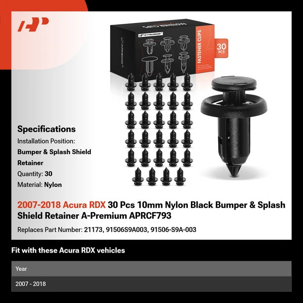 2007-2018 Acura RDX 30 Pcs 10mm Nylon Black Bumper & Splash Shield Retainer A-Premium APRCF793
