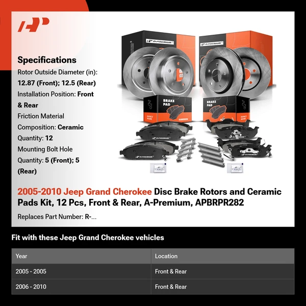 2005-2010 Jeep Grand Cherokee Disc Brake Rotors and Ceramic Pads Kit, 12 Pcs, Front & Rear, A-Premium, APBRPR282