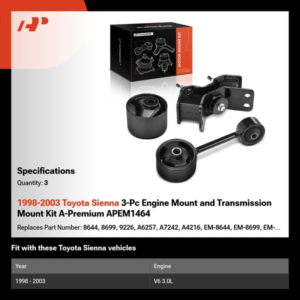 1998-2003 Toyota Sienna 3-Pc Engine Mount and Transmission Mount Kit A-Premium APEM1464