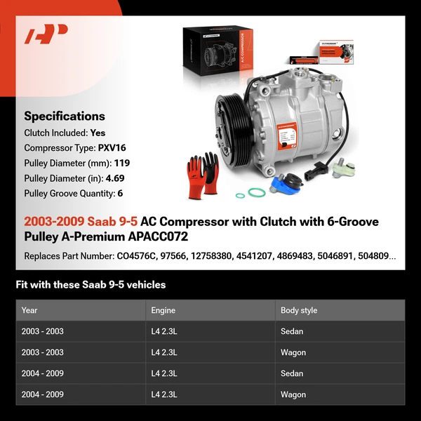 2003-2009 Saab 9-5 AC Compressor with Clutch with 6-Groove Pulley A-Premium APACC072