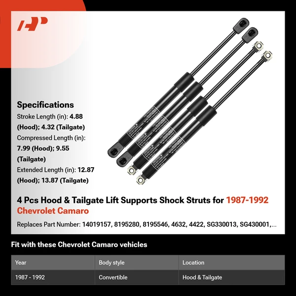 4 Pcs Hood & Tailgate Lift Supports Shock Struts for 1987-1992 Chevrolet Camaro