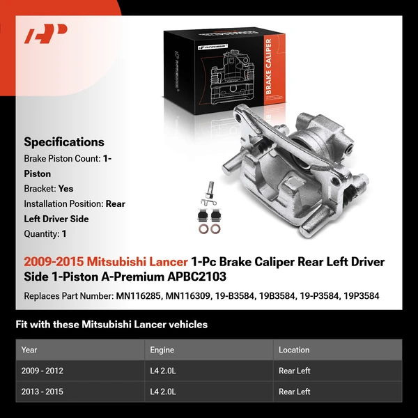2009-2015 Mitsubishi Lancer 1-Pc Brake Caliper Rear Left Driver Side 1-Piston A-Premium APBC2103