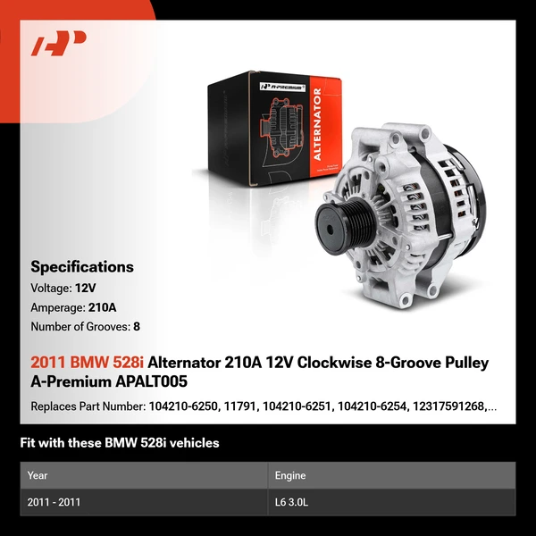 2011 BMW 528i Alternator 210A 12V Clockwise 8-Groove Pulley A-Premium APALT005