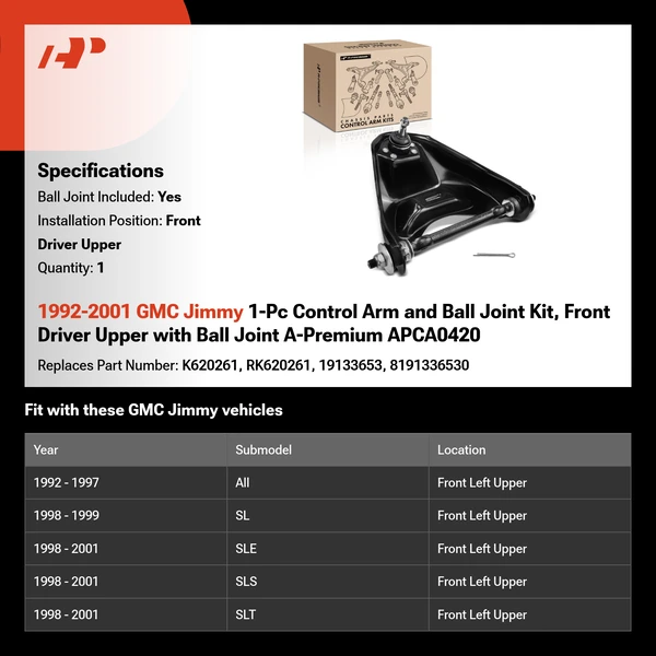 1992-2001 GMC Jimmy 1-Pc Control Arm and Ball Joint Kit, Front Driver Upper with Ball Joint A-Premium APCA0420