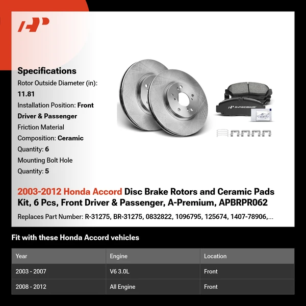 2003-2012 Honda Accord Disc Brake Rotors and Ceramic Pads Kit, 6 Pcs, Front Driver & Passenger, A-Premium, APBRPR062