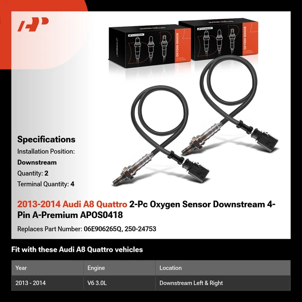 2013-2014 Audi A8 Quattro 2-Pc Oxygen Sensor Downstream 4-Pin A-Premium APOS0418