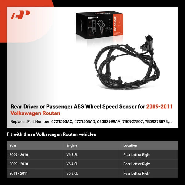 Rear Driver or Passenger ABS Wheel Speed Sensor for 2009-2011 Volkswagen Routan