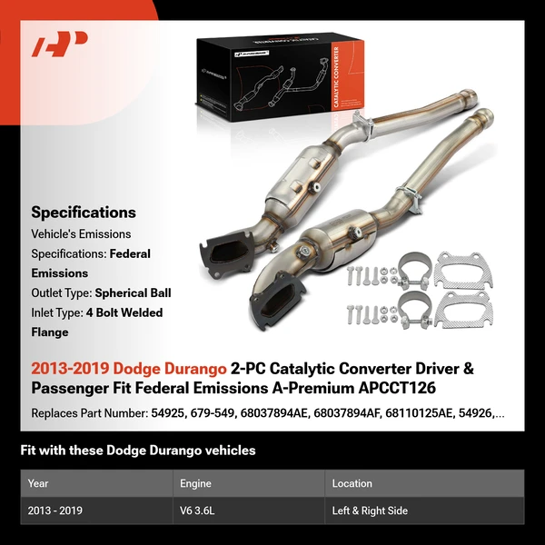2013-2019 Dodge Durango 2-PC Catalytic Converter Driver & Passenger Fit Federal Emissions A-Premium APCCT126