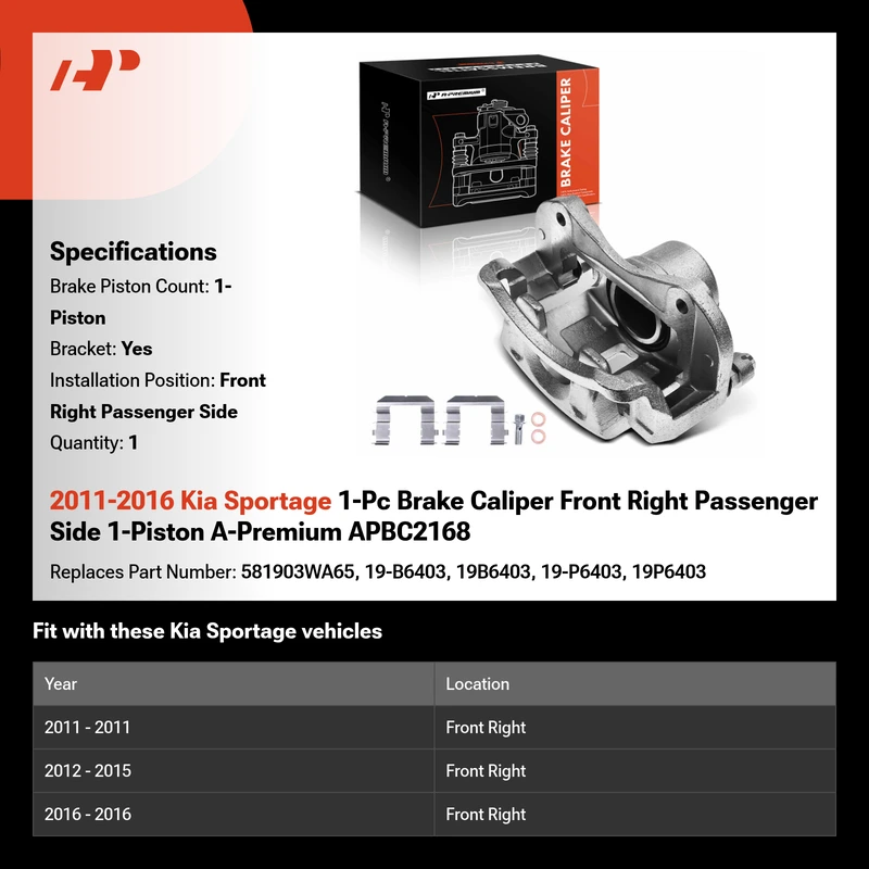 2011-2016 Kia Sportage 1-Pc Brake Caliper Front Right Passenger Side 1-Piston A-Premium APBC2168