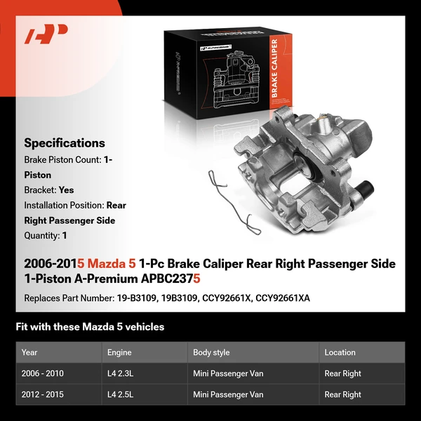 2006-2015 Mazda 5 1-Pc Brake Caliper Rear Right Passenger Side 1-Piston A-Premium APBC2375