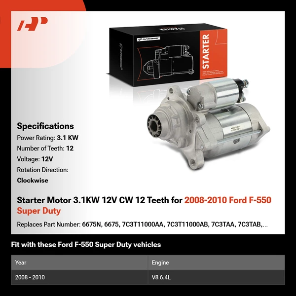 Starter Motor 3.1KW 12V CW 12 Teeth for 2008-2010 Ford F-550 Super Duty