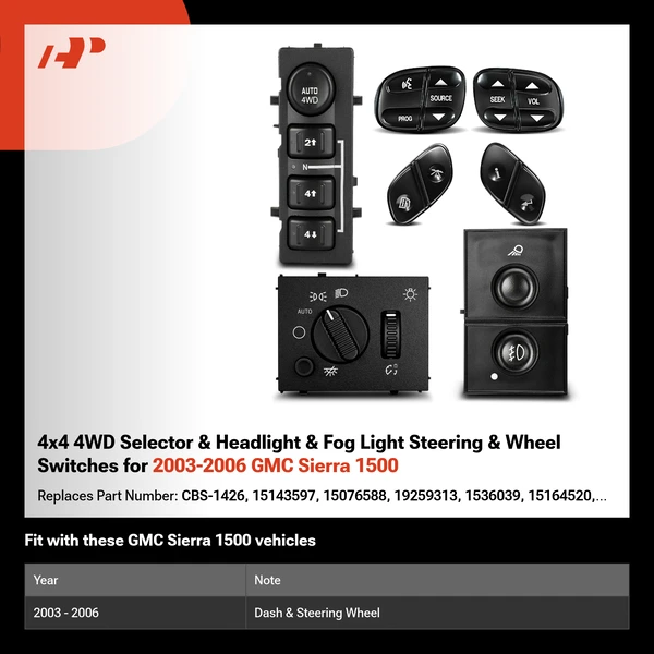 4x4 4WD Selector & Headlight & Fog Light Steering & Wheel Switches for 2003-2006 GMC Sierra 1500