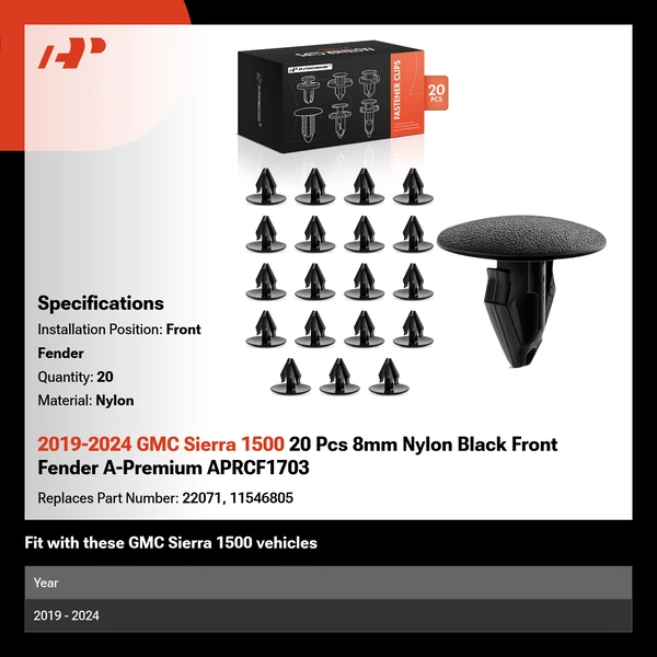 2019-2024 GMC Sierra 1500 20 Pcs 8mm Nylon Black Front Fender A-Premium APRCF1703