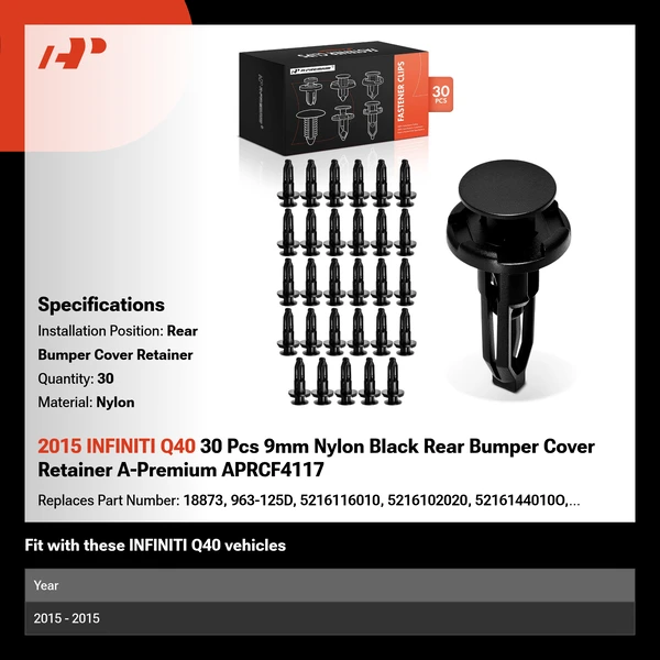 2015 INFINITI Q40 30 Pcs 9mm Nylon Black Rear Bumper Cover Retainer A-Premium APRCF4117