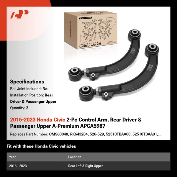 2016-2023 Honda Civic 2-Pc Control Arm, Rear Driver & Passenger Upper A-Premium APCA5987
