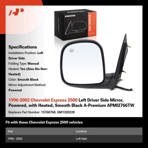 1996-2002 Chevrolet Express 2500 Left Driver Side Mirror, Powered, with Heated, Smooth Black A-Premium APMI2766TW