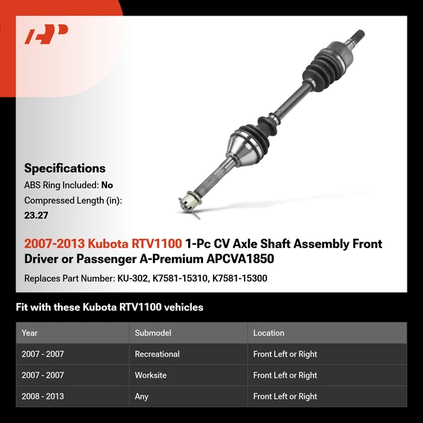 2007-2013 Kubota RTV1100 1-Pc CV Axle Shaft Assembly Front Driver or Passenger A-Premium APCVA1850