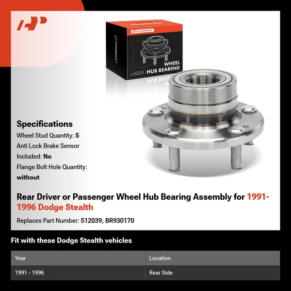 Rear Driver or Passenger Wheel Hub Bearing Assembly for 1991-1996 Dodge Stealth